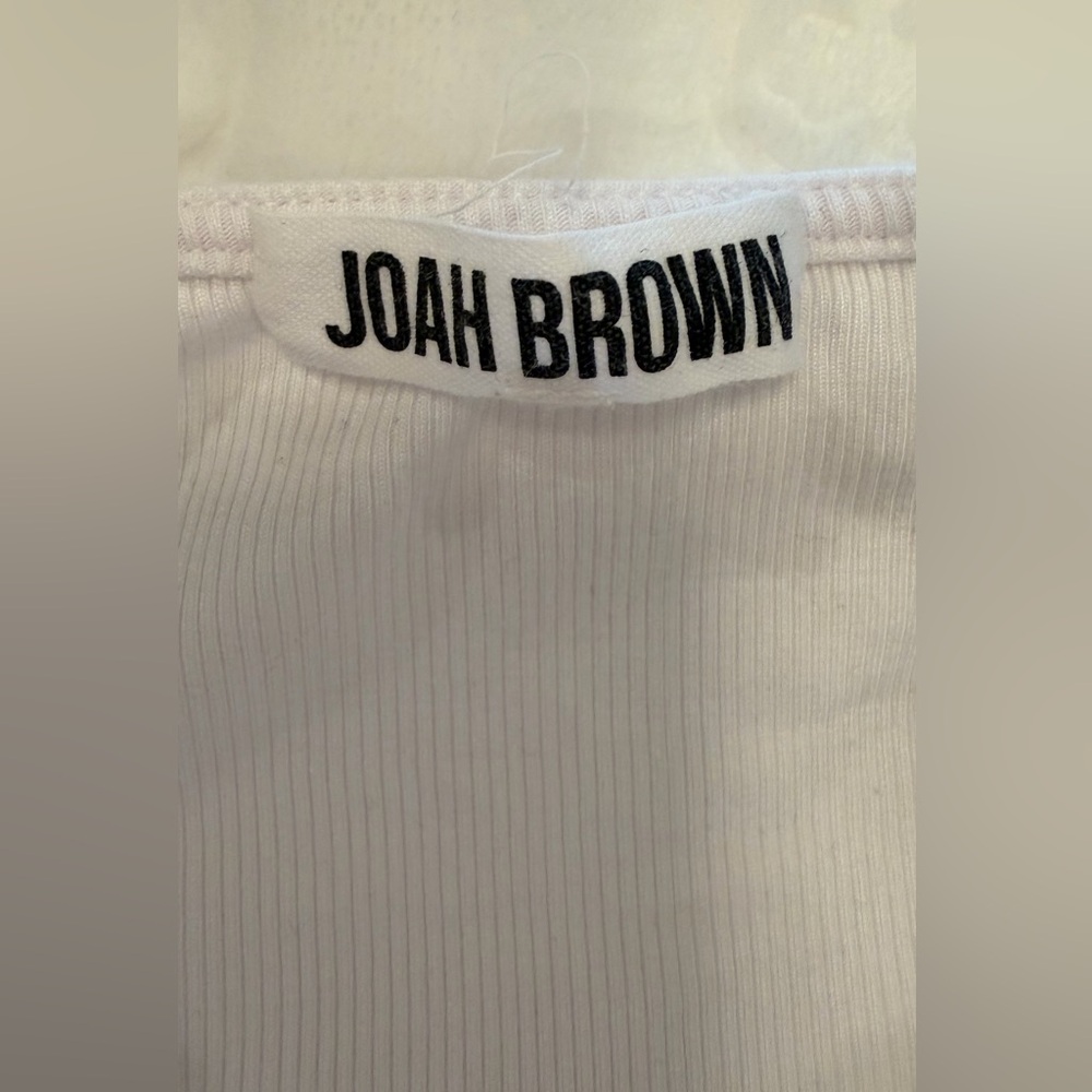 Joah Brown White Square Neck Long Sleeve Ribbed Top Fitted Stretch S - Picture 5 of 6